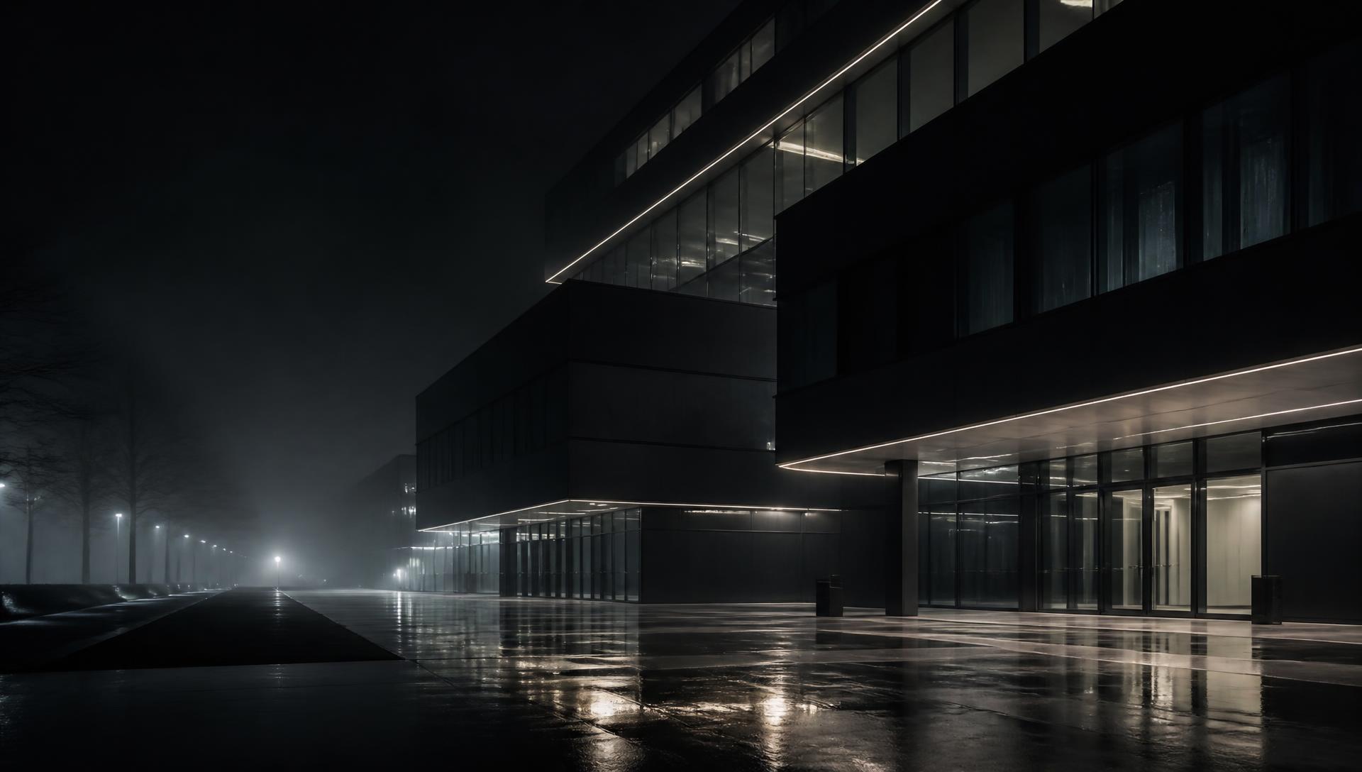 Moderne Gewerbearchitektur bei Nacht